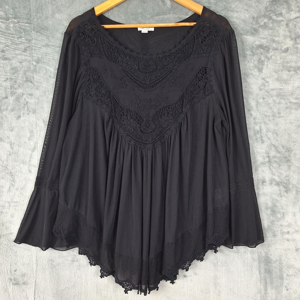 Womens Top XL Black Whimsigoth Crochet Lace Fairy Grunge Witchy Asymmetrical
